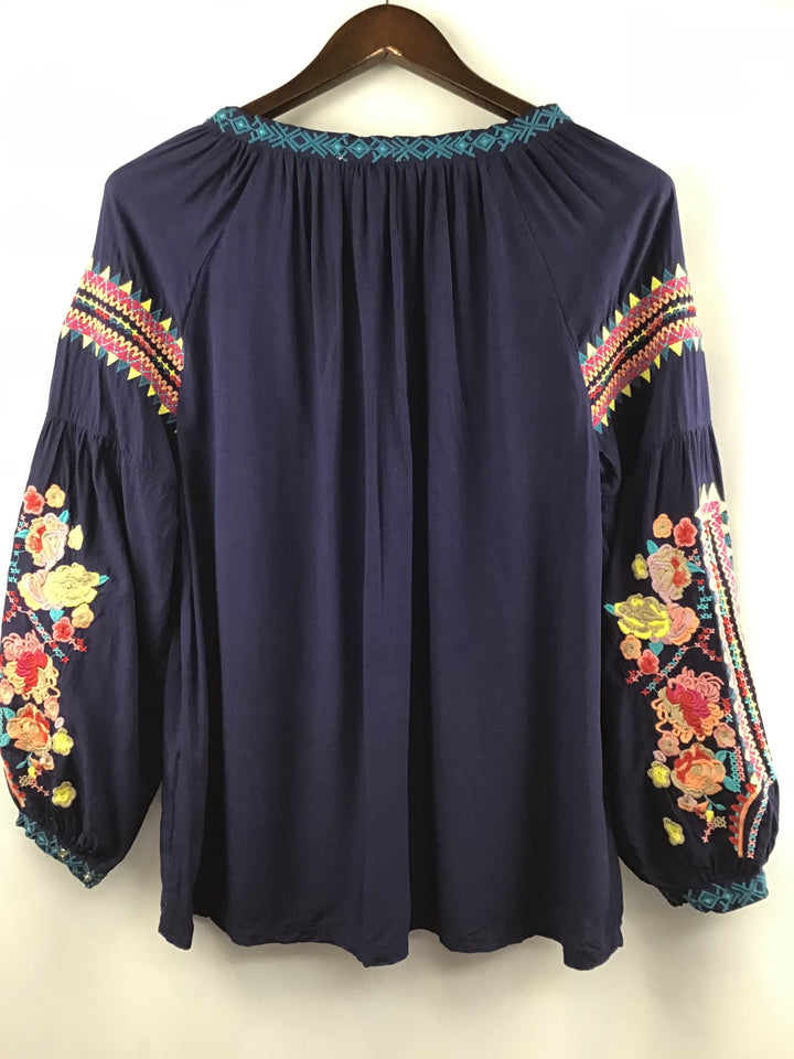Women’s Solitaire Navy Long Sleeve Floral Embroidered Tunic Top Size Medium