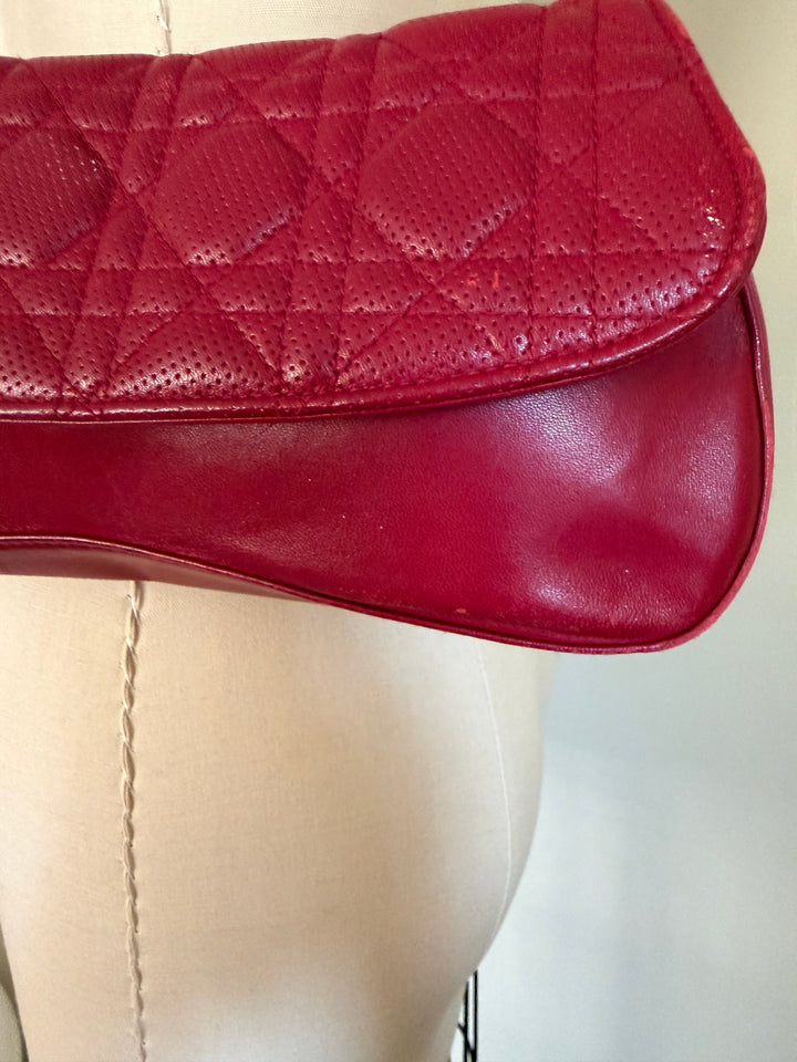 Christian Dior Vintage Cannage Quilted Leather Chain Shoulder Bag Burgundy