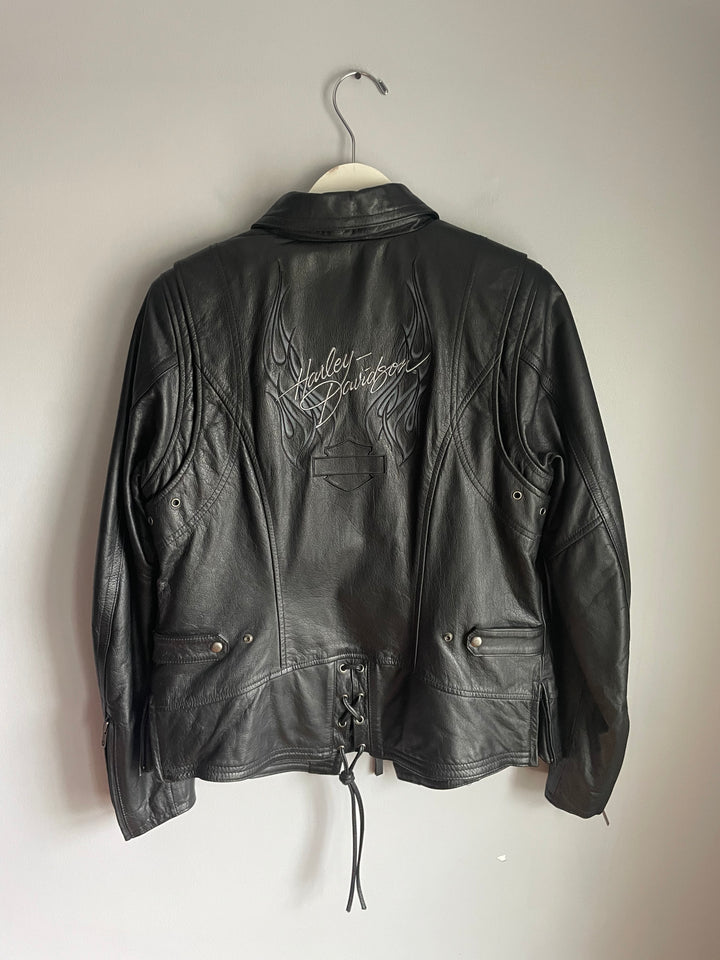 Harley Davidson Womens Black Leather Jacket Flame Embroidery Zip Front Sz M