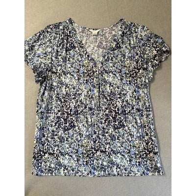 Women’s Caslon Blue Floral Donny Flutter Short Sleeve VNeck Blouse Sz M
