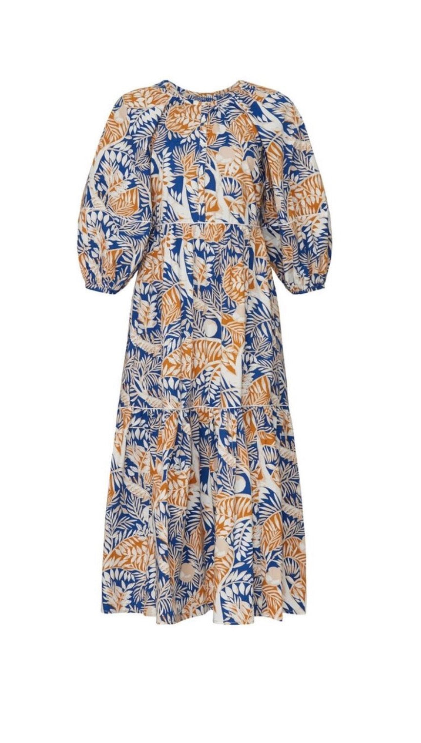 Staud Womens Land And Sea Tree Demi Dress Tropical Blue Leaf Print Size S