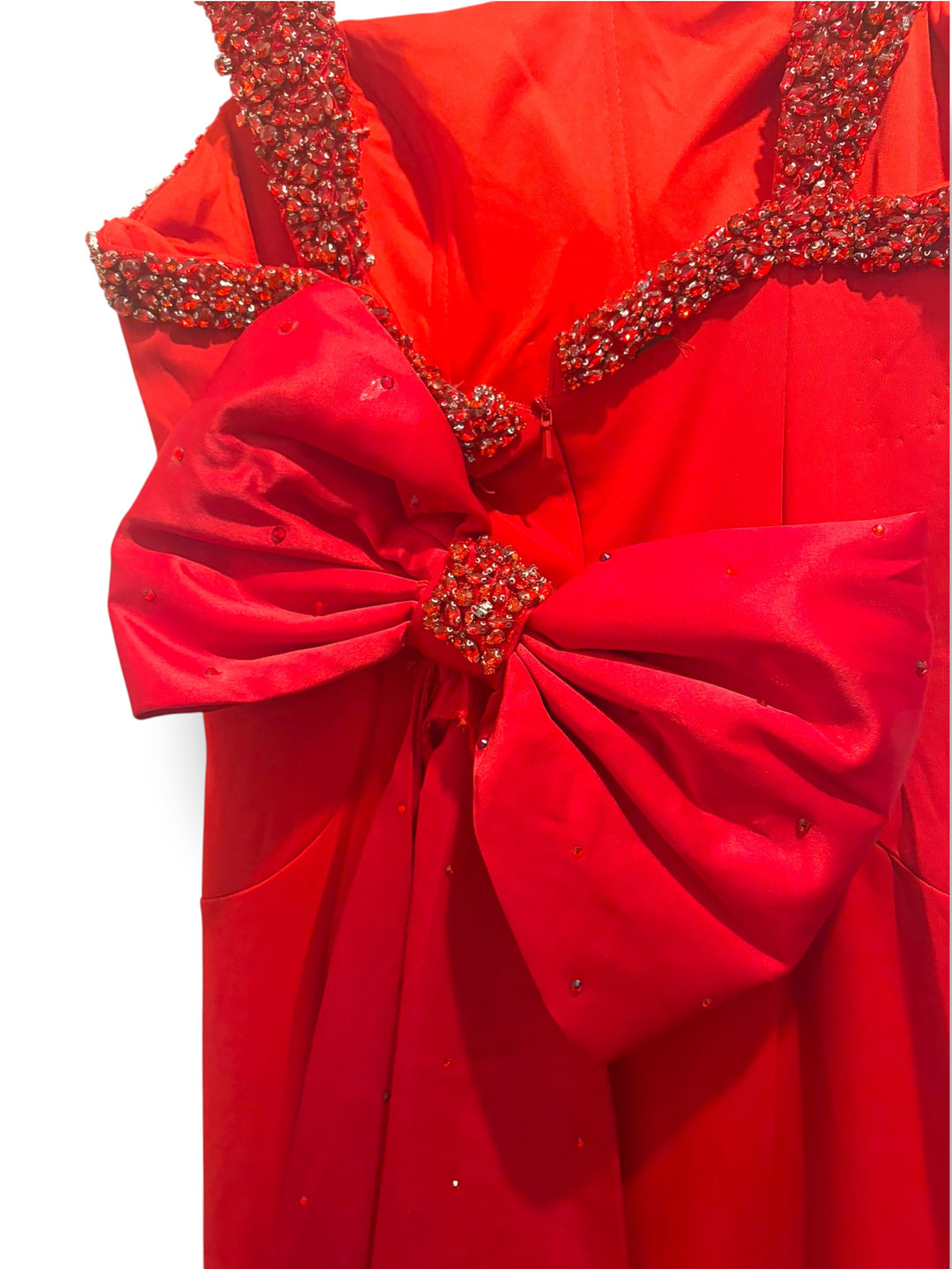 Ava Presley 29121 Red Satin Beaded Mermaid Prom Evening Gown Size 10 Bow Train
