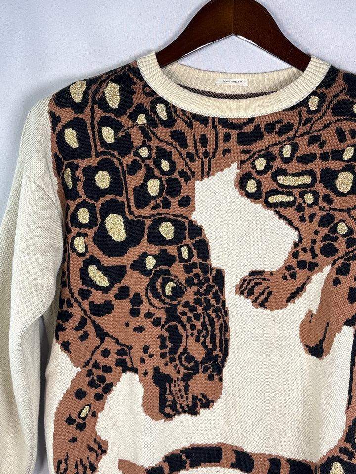 Cream Cheetah Jacquard Knit Crewneck Cotton Sweater For Women