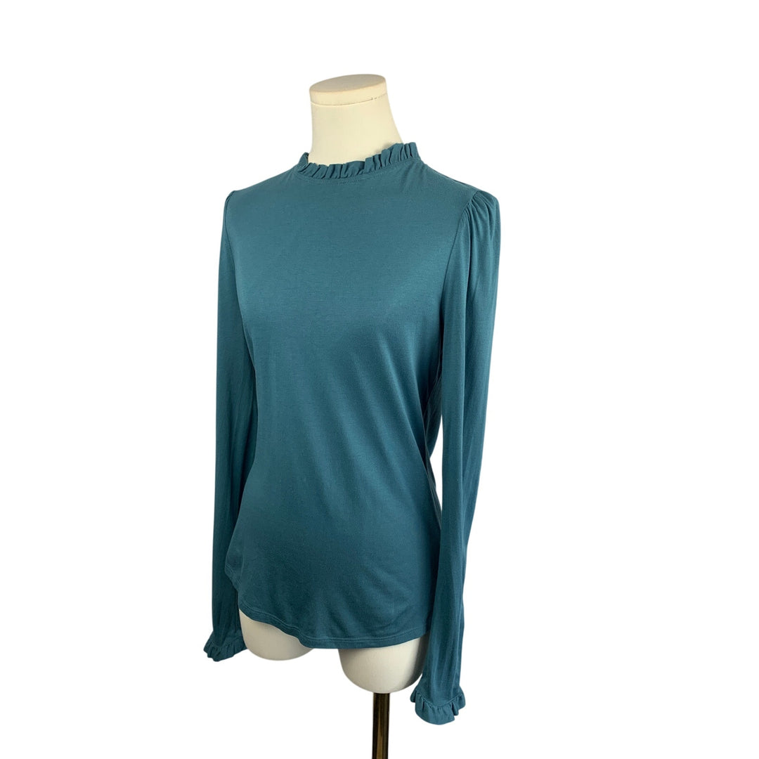 Women's Boden Blue Long Sleeve Ruffle Trim Top - Size S