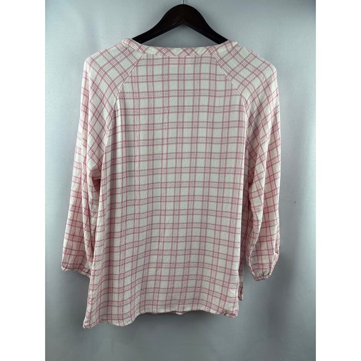 Women’s Belle by Kim Gravel Large White & Pink Plaid 3/4 Sleeve Blouse