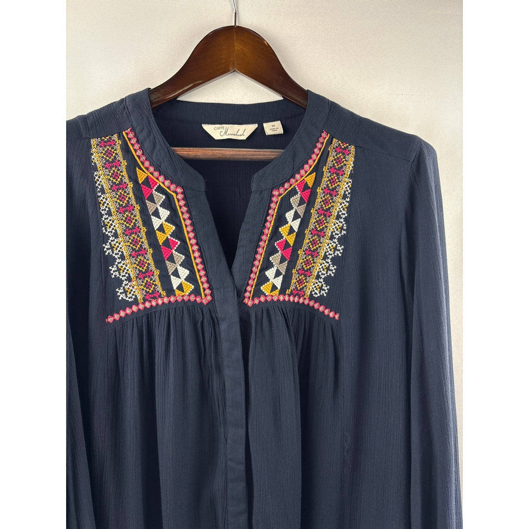 Women’s Caffé Marrakesh Navy Blue Embroidered Long Sleeve Blouse