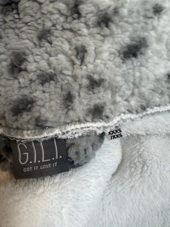 G.I.L.I. Gray Leopard Print Faux Fur Sherpa Hooded Coat XXS/XXXS Oversized