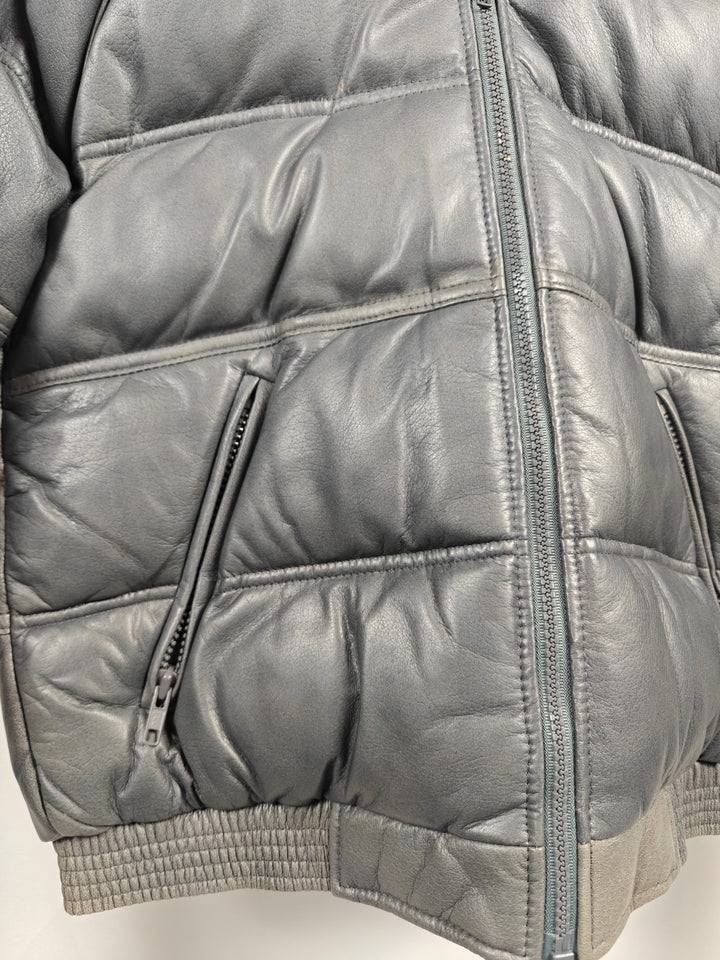 Mens Vintage Golden Pioneer Wear Leather Puffer Jacket Gray Fur Collar