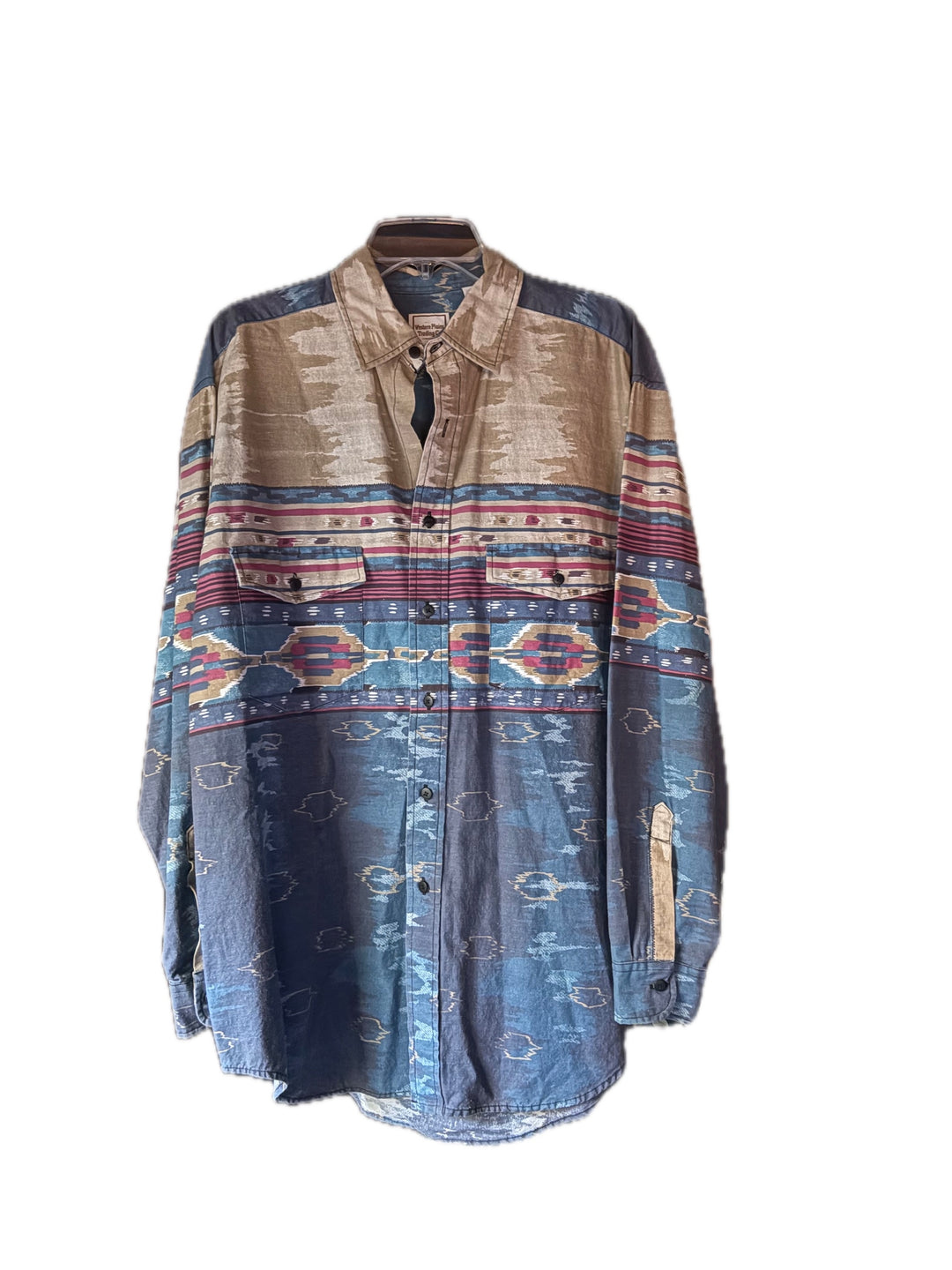 Western Plains Southwestern Aztec Print Long Sleeve Shirt Blue Tan Pink Large