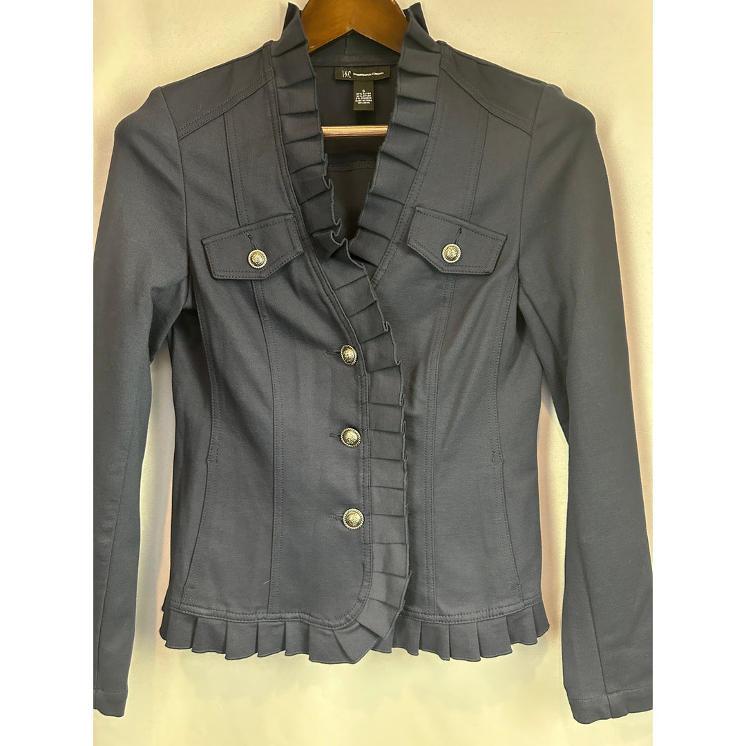 Women’s I.N.C. Navy Blue Military Style Ruffled Jacket size small