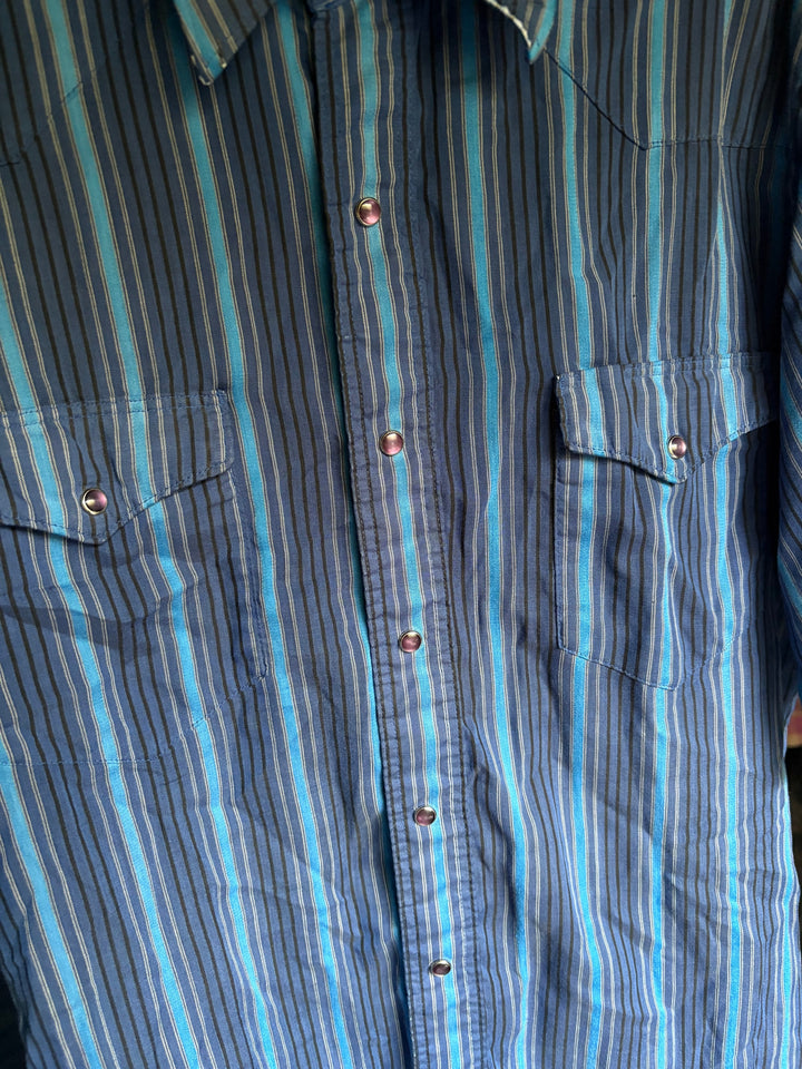 Wrangler Cowboy Cut Blue Striped Western Short Sleeve Pearl Snap Shirt