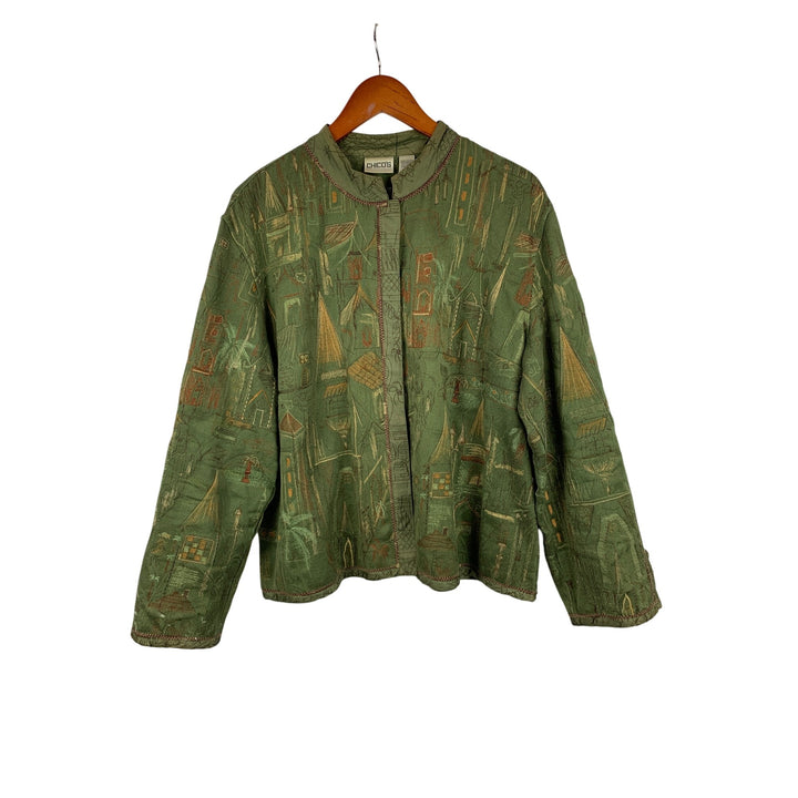Chicos Green Embroidered Jacket Size 3 Cotton Rayon India