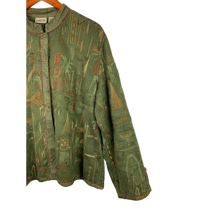 Chicos Green Embroidered Jacket Size 3 Cotton Rayon India