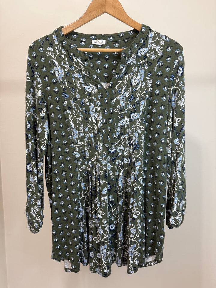 Westport Olive Paisley V Neck Tunic With Roll Tab Sleeves Plus Size