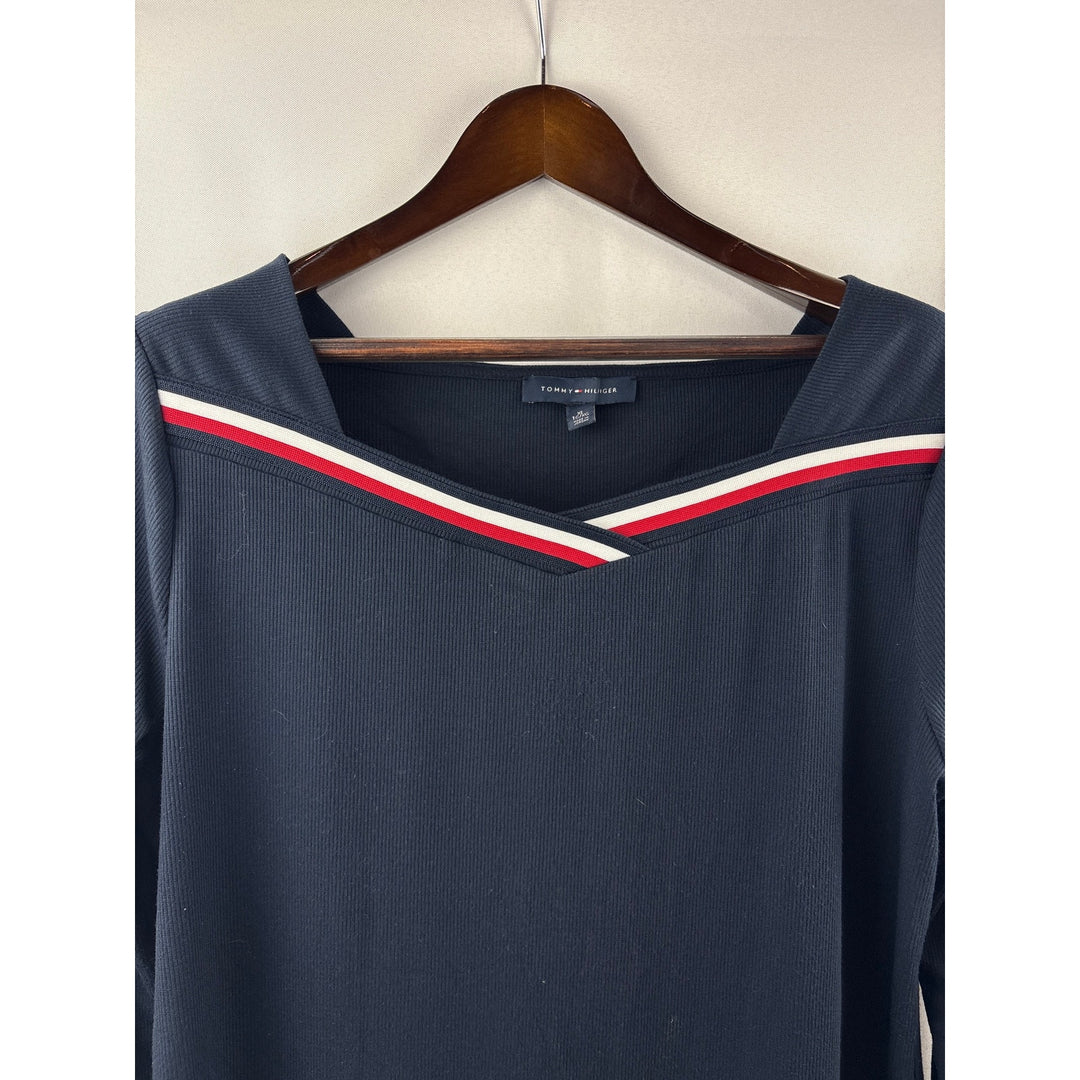 Women’s Tommy Hilfiger XL Navy Long Sleeve Blouse w/ Red & White Neckline