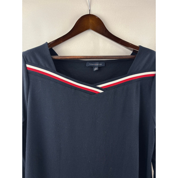 Women’s Tommy Hilfiger XL Navy Long Sleeve Blouse w/ Red & White Neckline