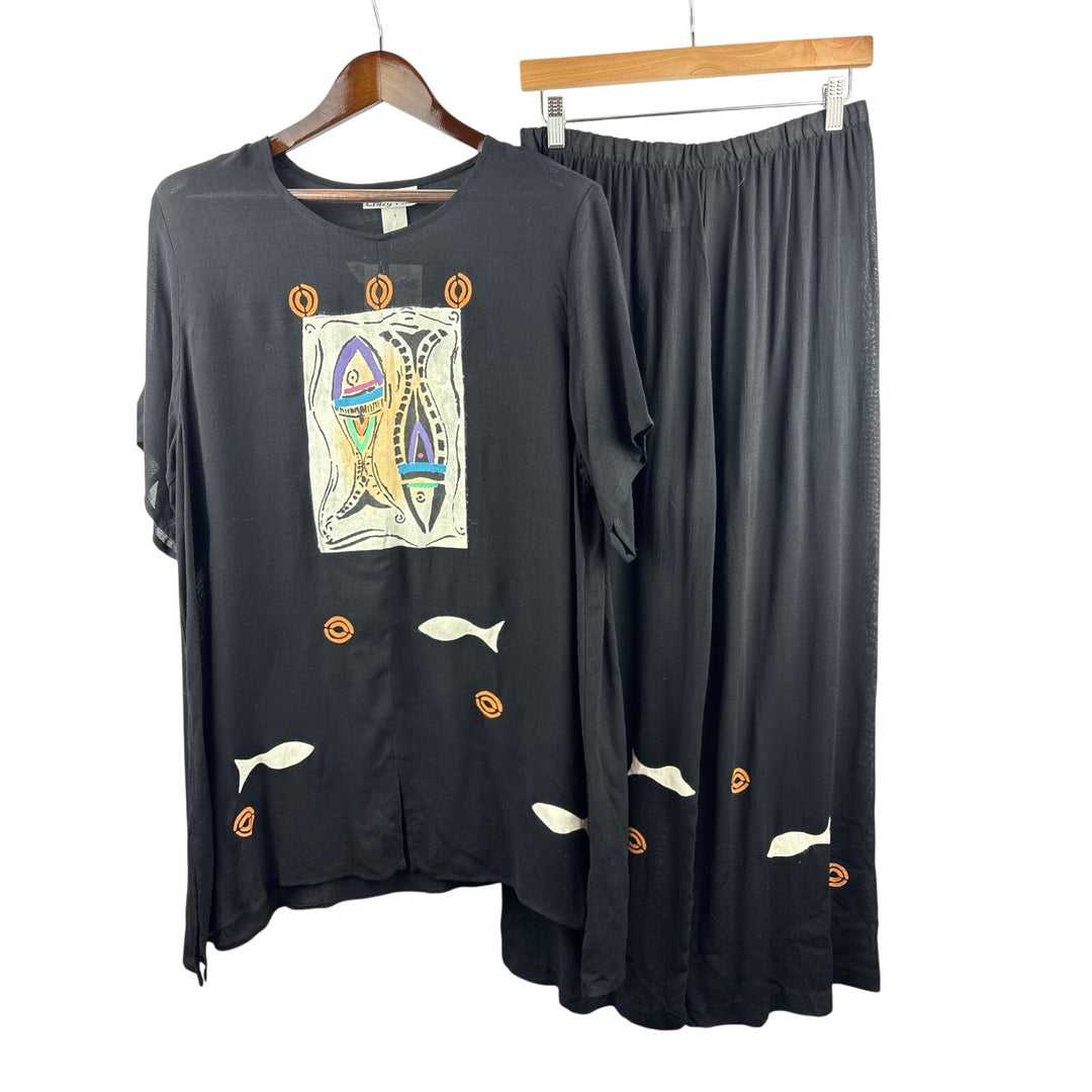 Women’s Crazy Fish XL Black w/ Fish Pattern Short Sleeve Blouse & Pant Set