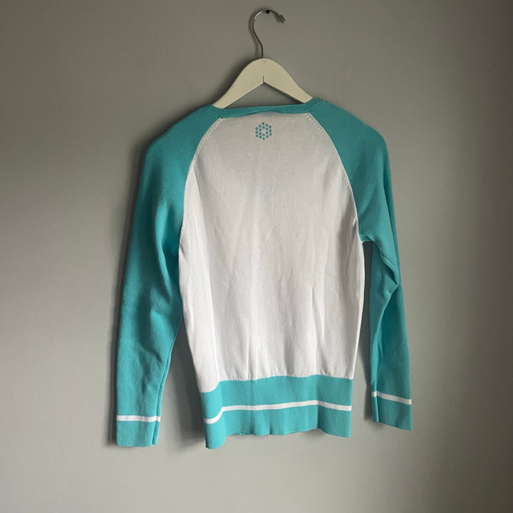 Puma White and Aqua Knit Athletic Golf Baseball Raglan Sweater Top size Medium