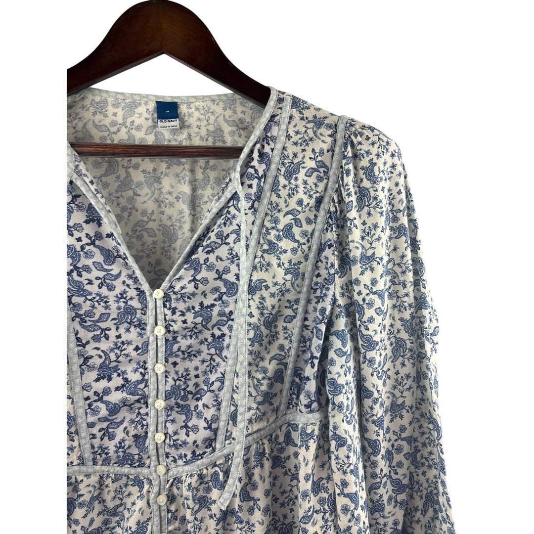 Women’s Old Navy Medium White Blouse w/ Blue Paisley Pattern