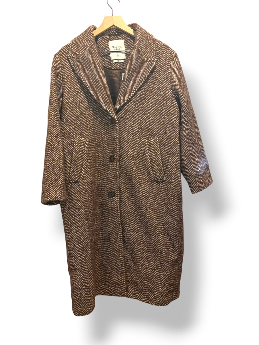 Abercrombie &amp; Fitch Brown Cream Herringbone Wool Blend Coat Petite XL NWT