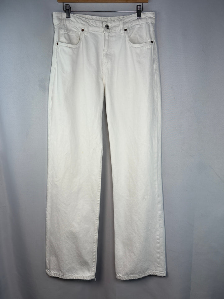 Women Zara White Wide Leg Mid Rise Cotton Denim Jeans Size 8