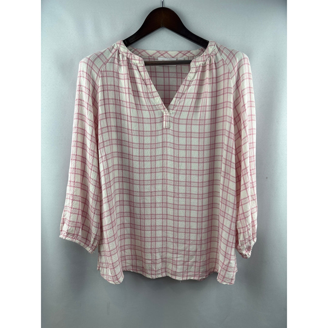 Women’s Belle by Kim Gravel Large White & Pink Plaid 3/4 Sleeve Blouse