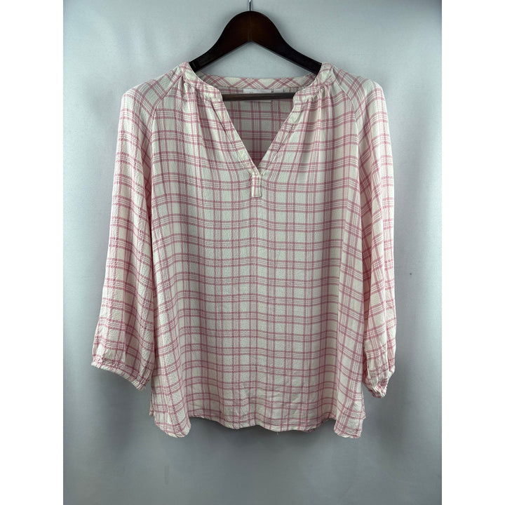Women’s Belle by Kim Gravel Large White & Pink Plaid 3/4 Sleeve Blouse