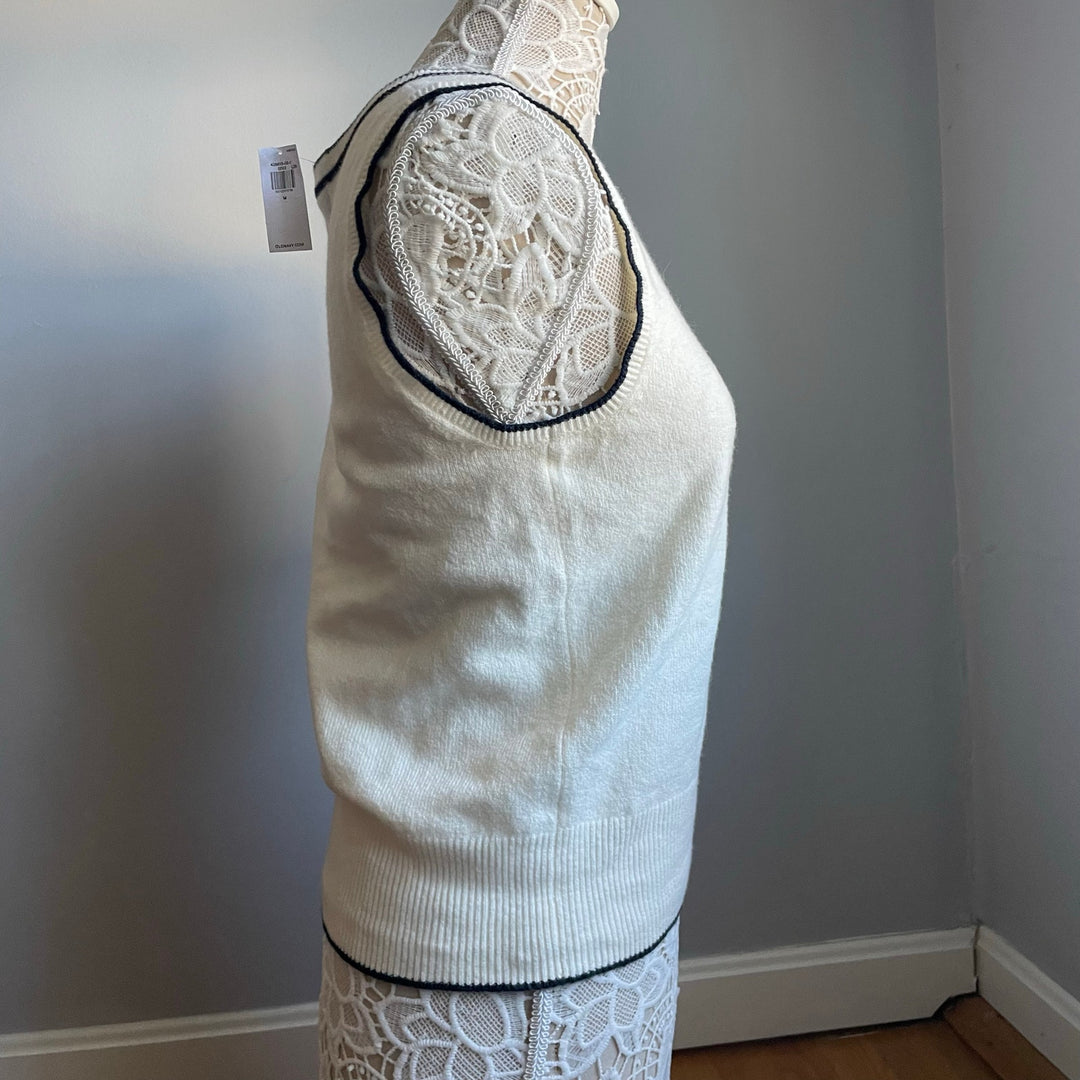 Old Navy Academia White/Cream V-neck Sweater Vest Navy Trim Fall Layer Size Med