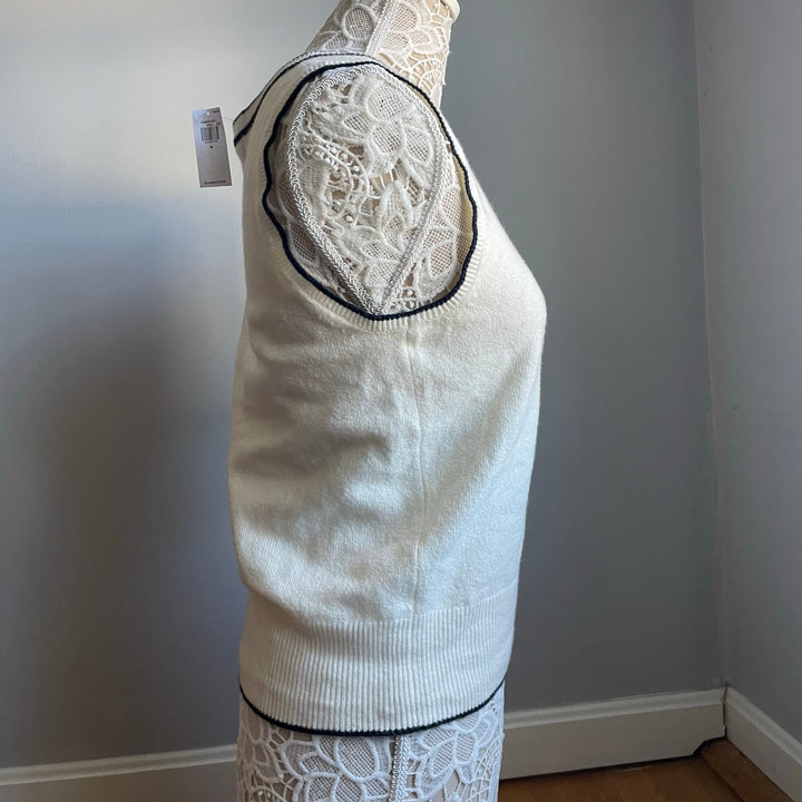 Old Navy Academia White/Cream V-neck Sweater Vest Navy Trim Fall Layer Size Med