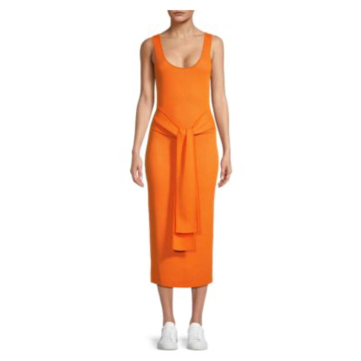 Orange Knit Midi Dress With Tie Waist
