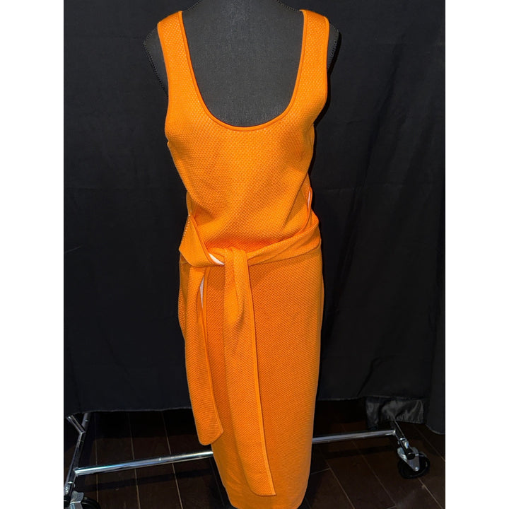 Orange Knit Midi Dress With Tie Waist