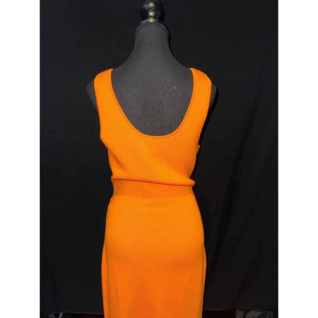 Orange Knit Midi Dress With Tie Waist
