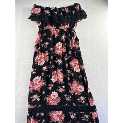 Women’s XXI Pink & Black Floral Sleeveless Ruffle Dress Sz M