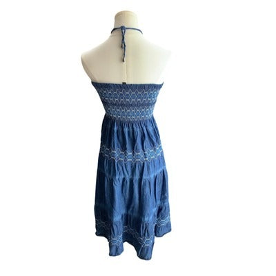 Lapis Blue Halter Strapless Smocked Dress S