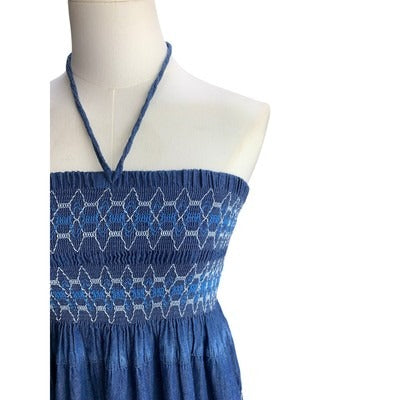 Lapis Blue Halter Strapless Smocked Dress S