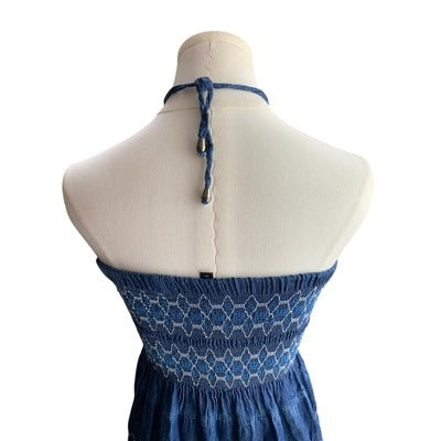 Lapis Blue Halter Strapless Smocked Dress S