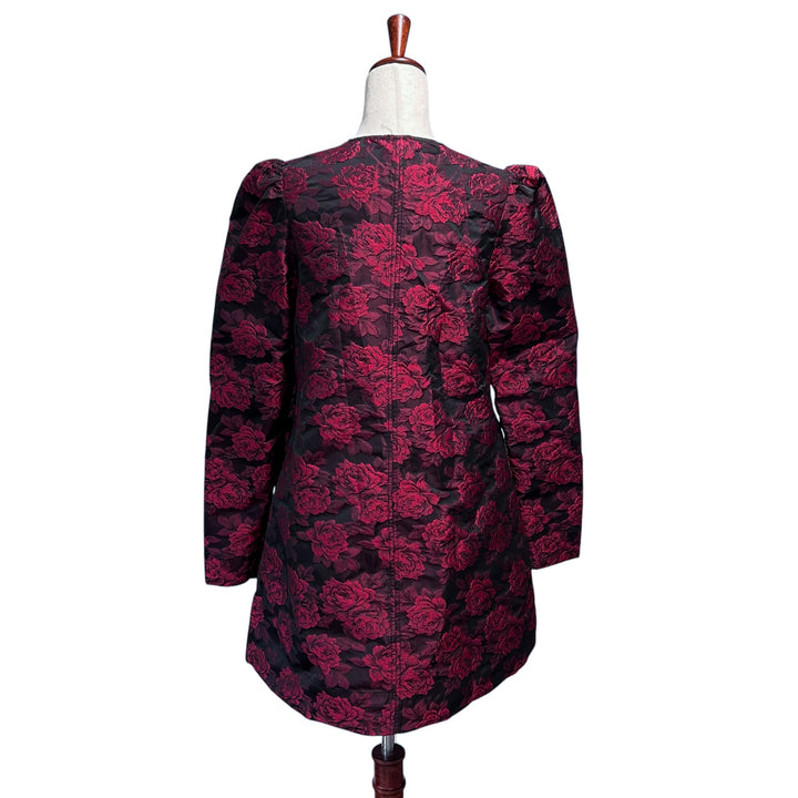 GANNI Dress 36 US Small Botanical Print Jacquard Long Sleeve Minidress in High Risk Red Cocktail
