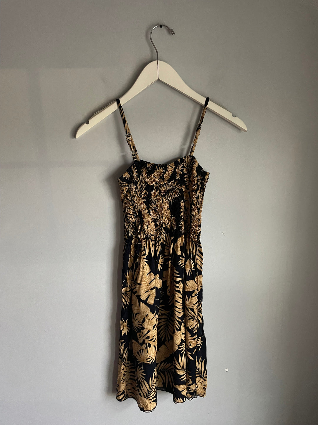 Tropical Palm Print Smocked Sundress Black Tan Adjustable Straps Mini