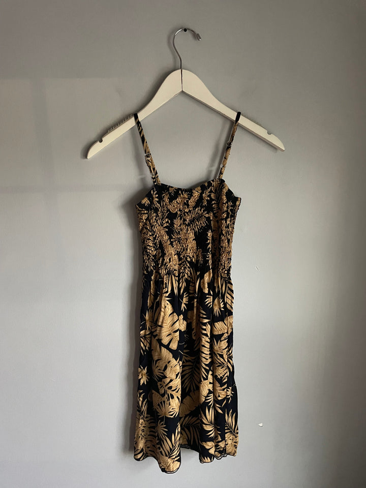 Tropical Palm Print Smocked Sundress Black Tan Adjustable Straps Mini