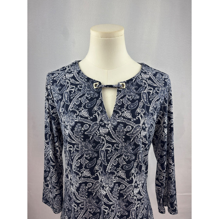 Magnolia Grace Womens Small Blue Paisley Polyester/Spandex Top With Keyhole Detail
