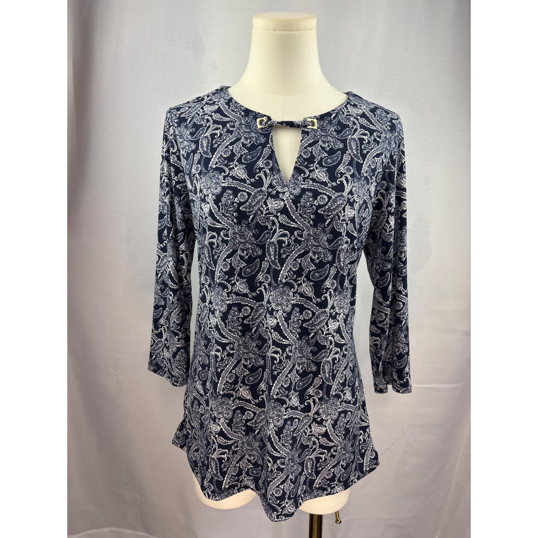 Magnolia Grace Womens Small Blue Paisley Polyester/Spandex Top With Keyhole Detail
