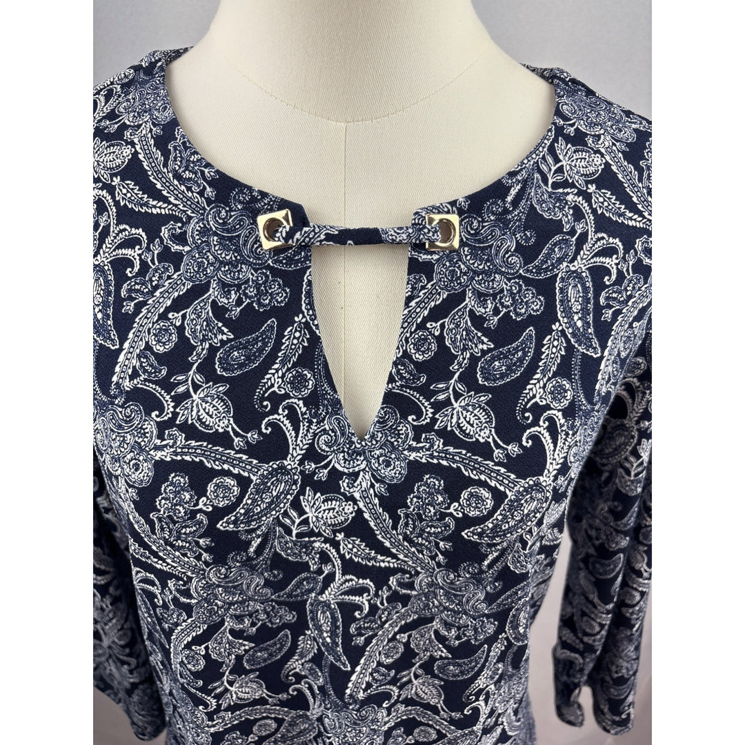Magnolia Grace Womens Small Blue Paisley Polyester/Spandex Top With Keyhole Detail