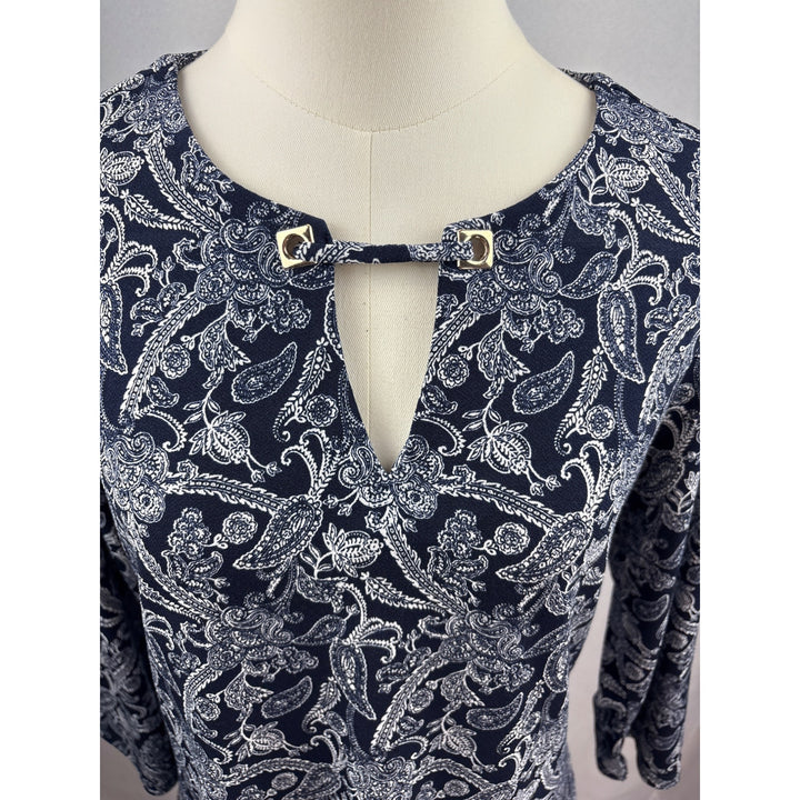 Magnolia Grace Womens Small Blue Paisley Polyester/Spandex Top With Keyhole Detail