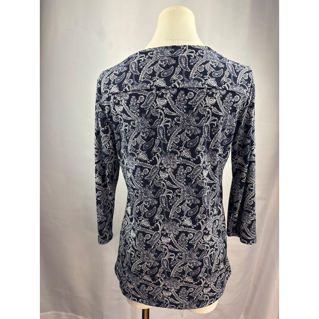 Magnolia Grace Womens Small Blue Paisley Polyester/Spandex Top With Keyhole Detail
