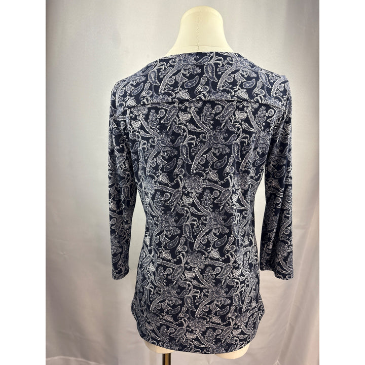Magnolia Grace Womens Small Blue Paisley Polyester/Spandex Top With Keyhole Detail