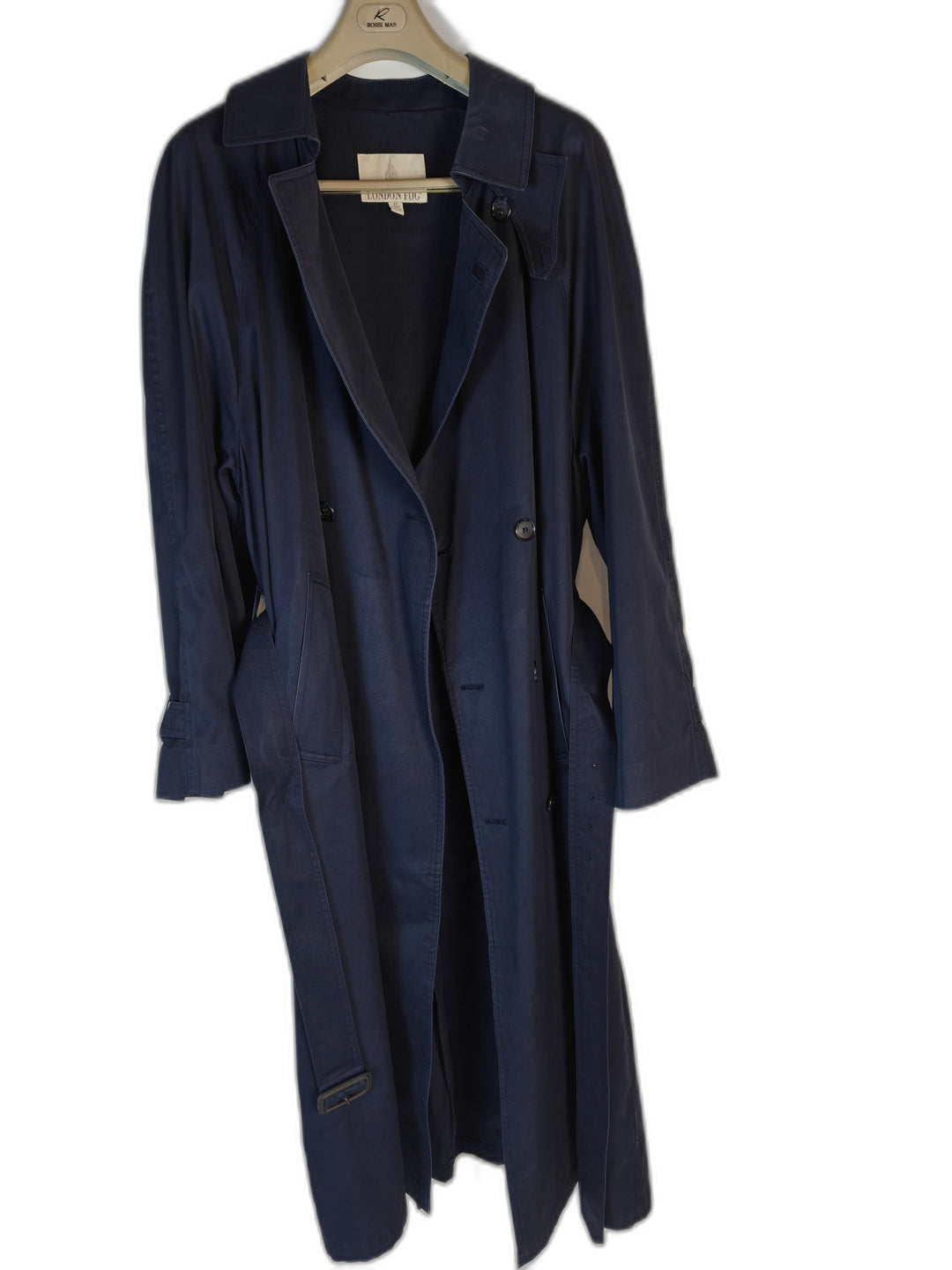 London Fog Men's Navy Trench Coat Size 46 Long Double Breasted Belted Coat