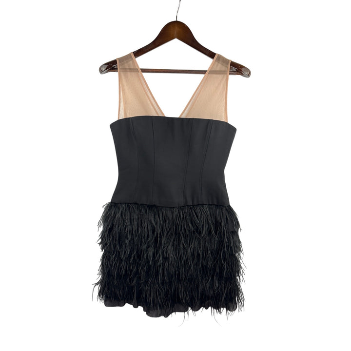 Women’s BCBG Maxazria Size 4 Black Corseted Mini Dress w/ Feathered Bottom