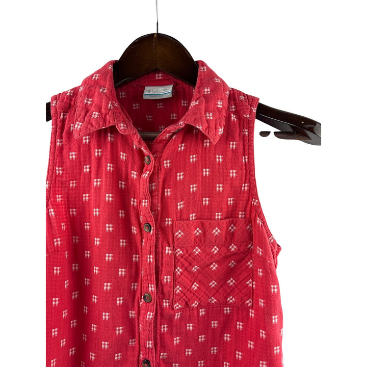 Women’s Columbia XS Red Sleeveless Button Up w/ Gingham Square Pattern