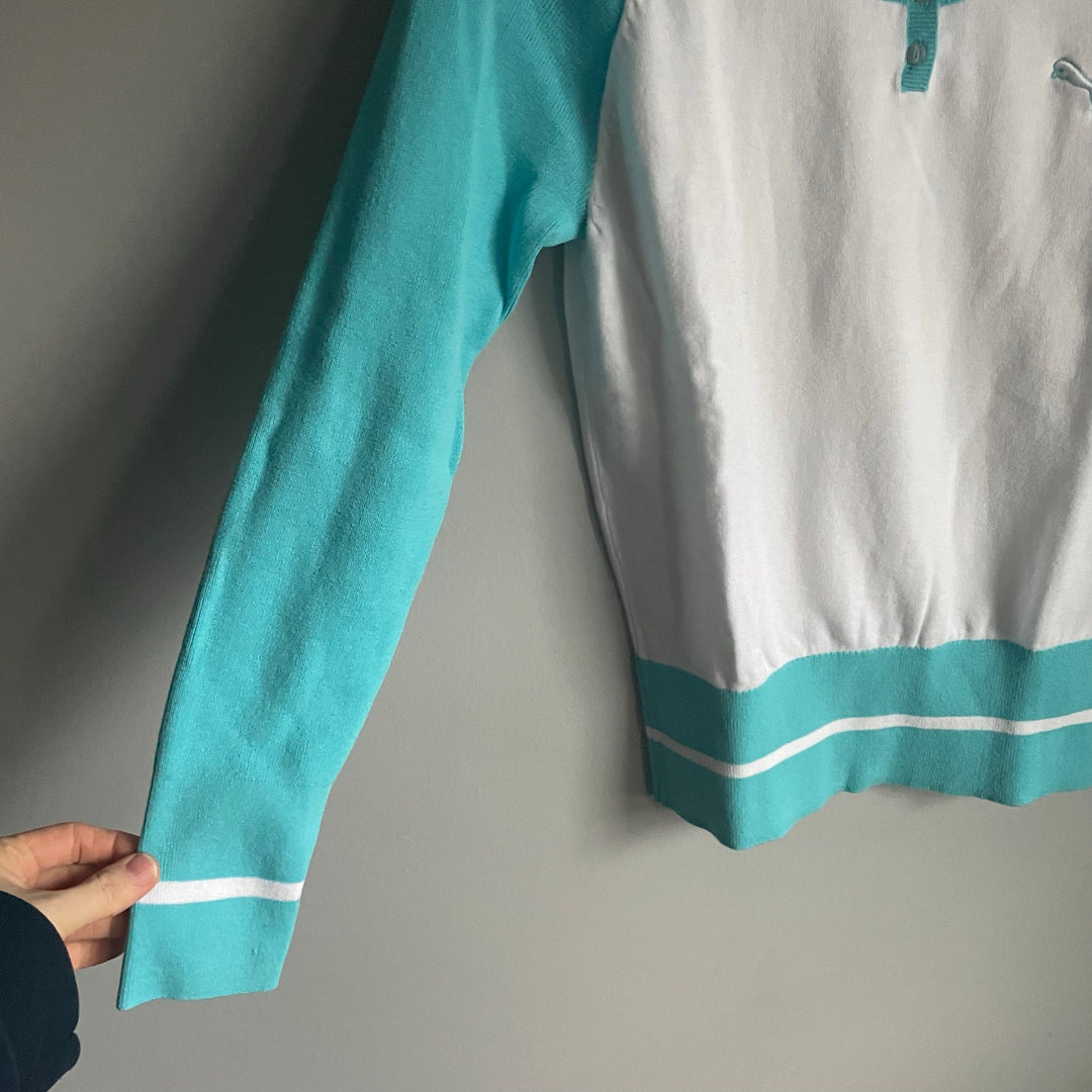 Puma White and Aqua Knit Athletic Golf Baseball Raglan Sweater Top size Medium