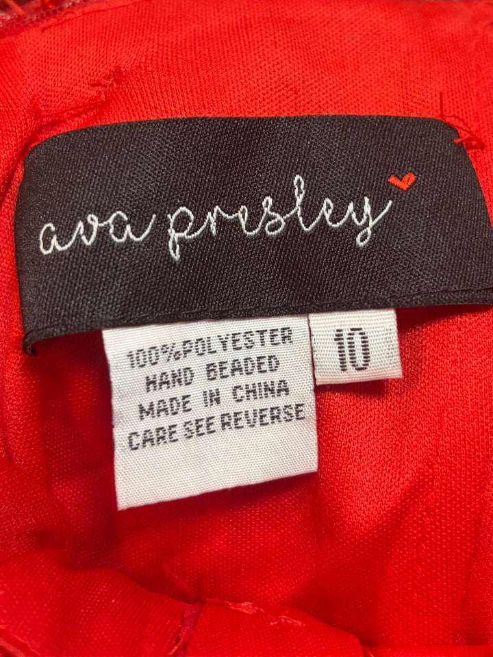 Ava Presley 29121 Red Satin Beaded Mermaid Prom Evening Gown Size 10 Bow Train